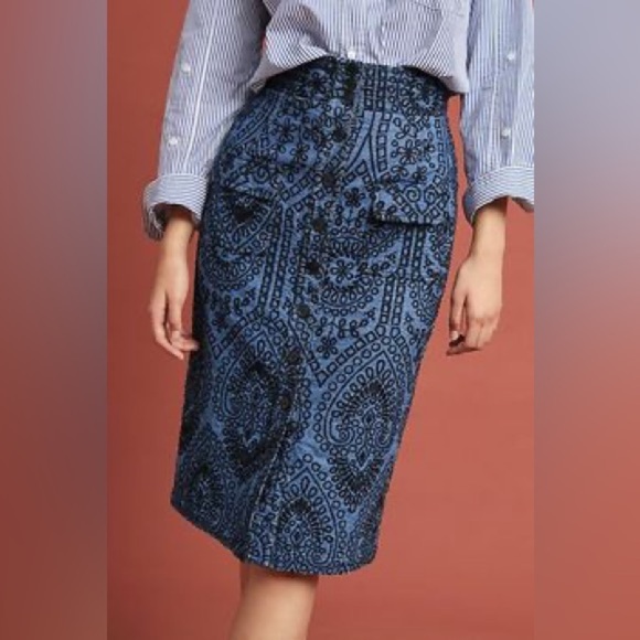 NWT Tracy Reese x Anthropologie embroidered denim skirt size 14